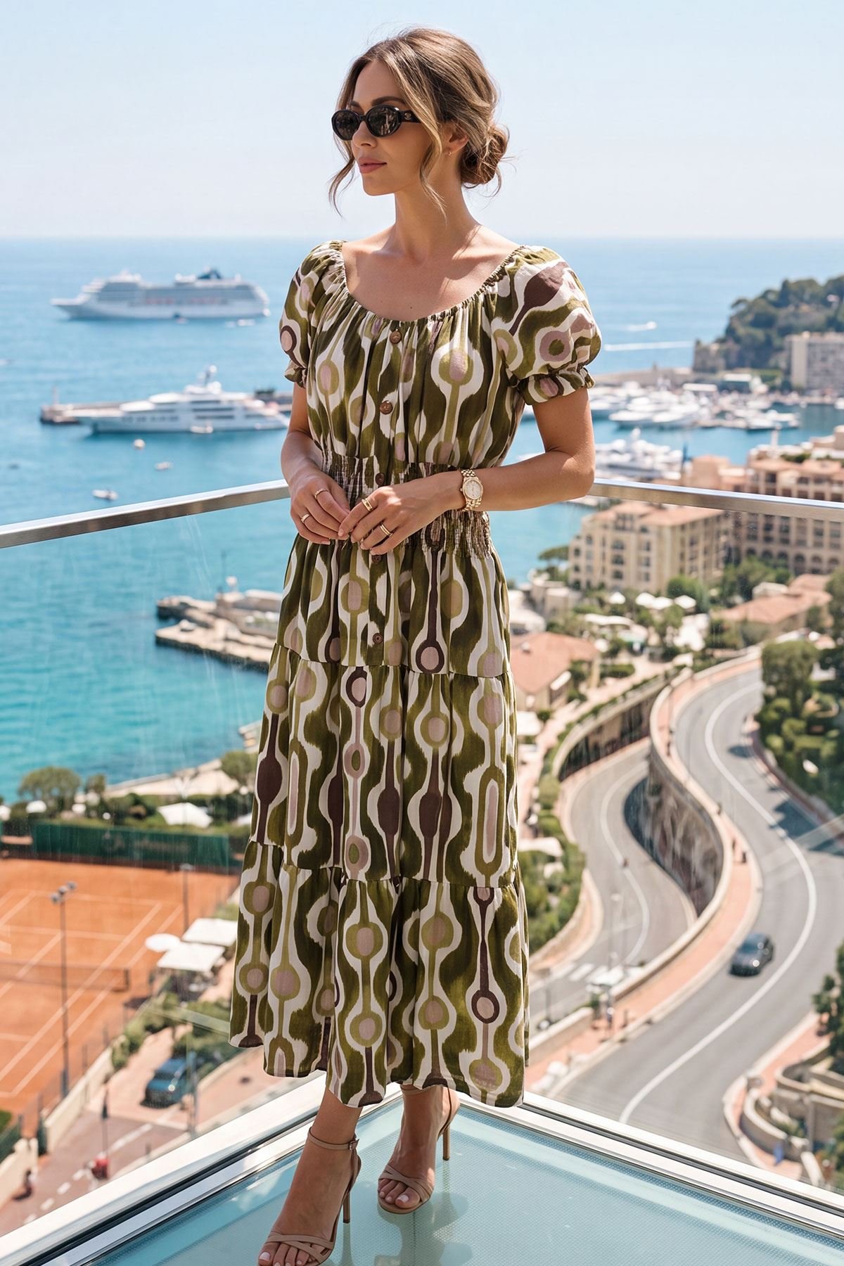 Geometric Print Shirred Waist Button Front Dress view 3