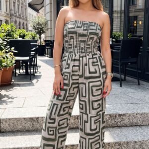 Greek Key Geometric Print Shirred Waist Wide Leg Jumpsuit