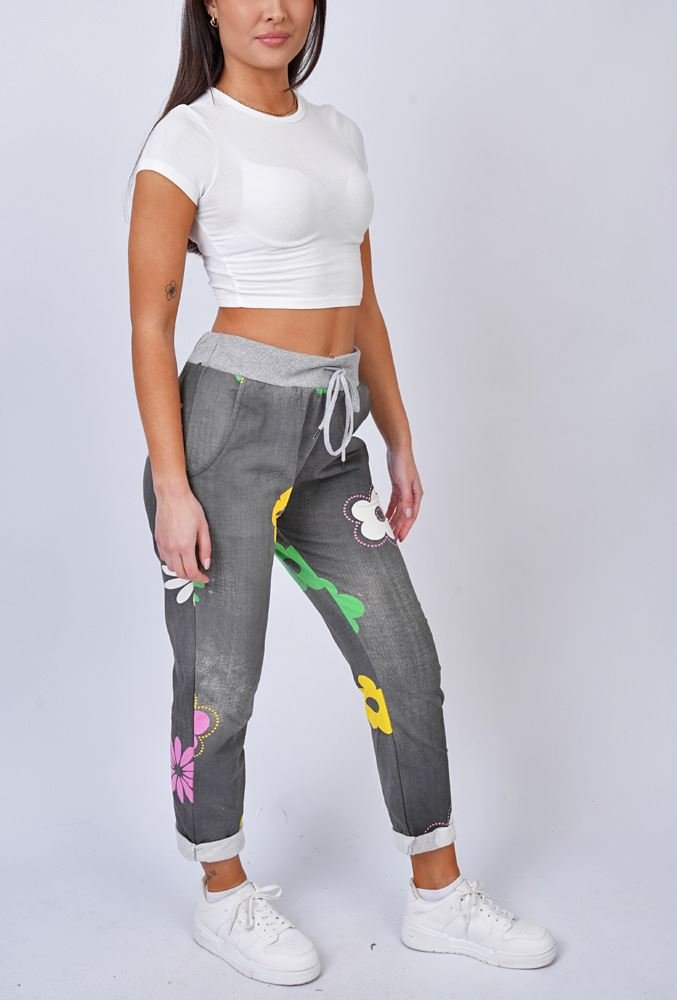 Daisy Flower Print Pockets Cotton Trousers view 3