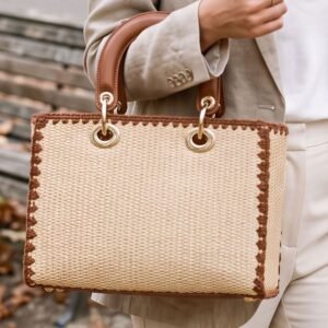 Straw Wooden Top Handles Crossbody Bag