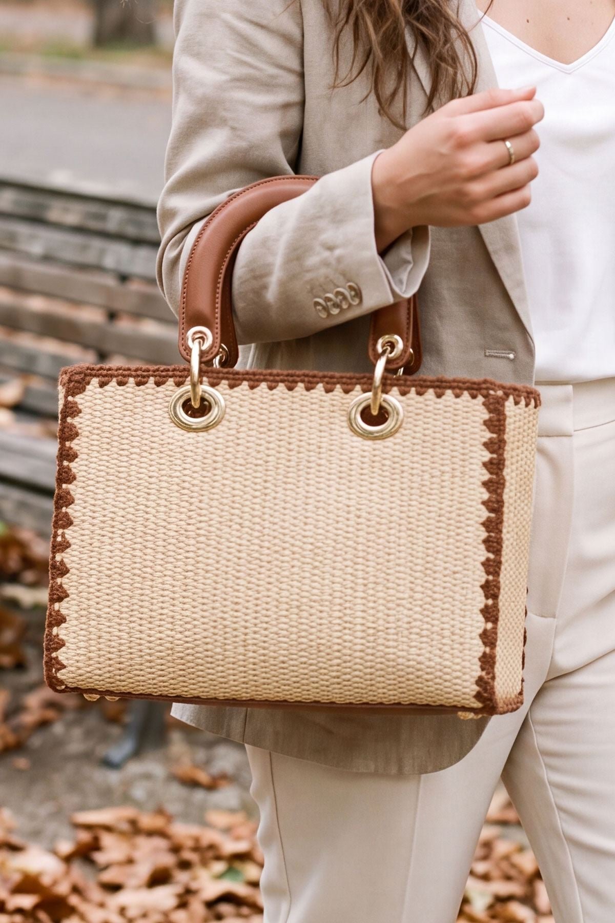Straw Wooden Top Handles Crossbody Bag