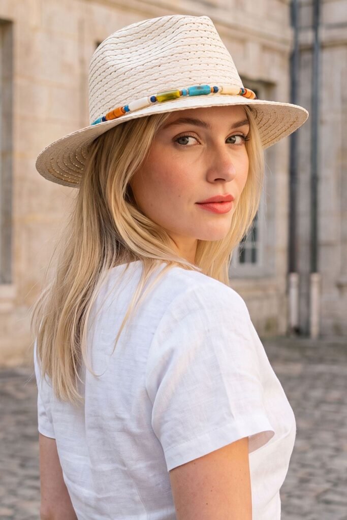 Straw Beaded Trim Hat
