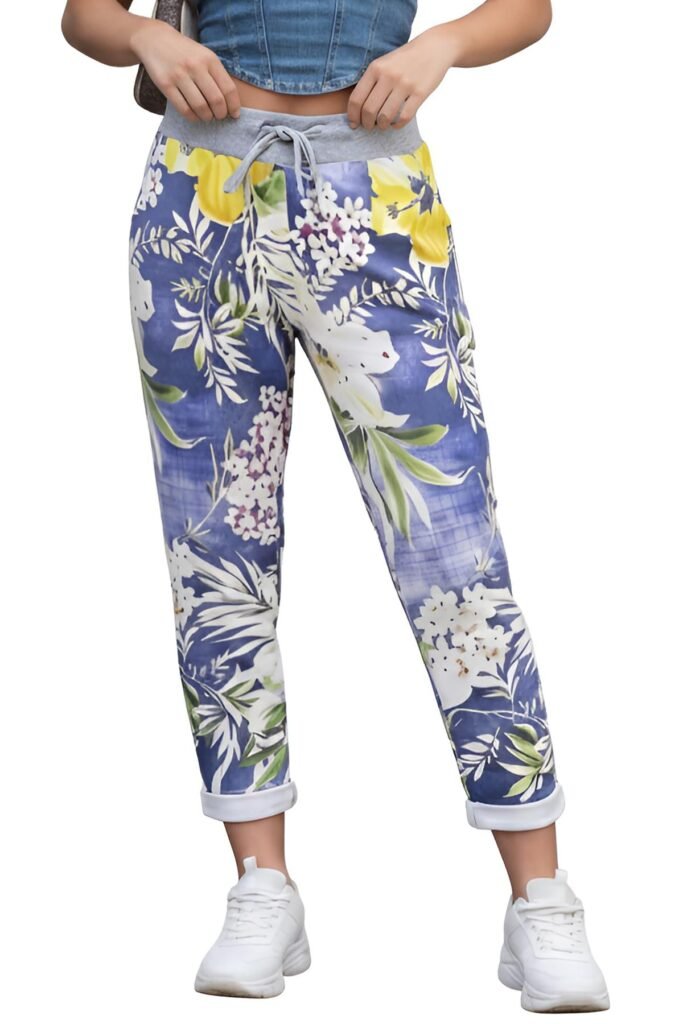 Floral Print Side Pockets Cotton Trousers