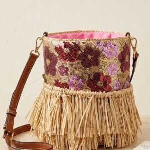 Floral Sequin Fringe Bucket Crossbody Bag