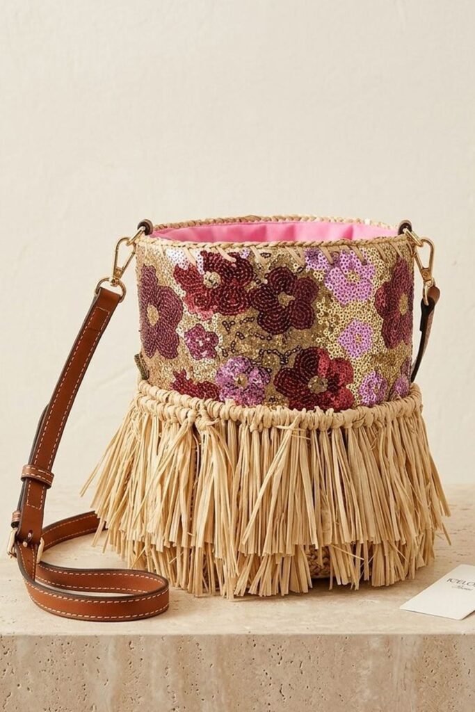 Floral Sequin Fringe Bucket Crossbody Bag