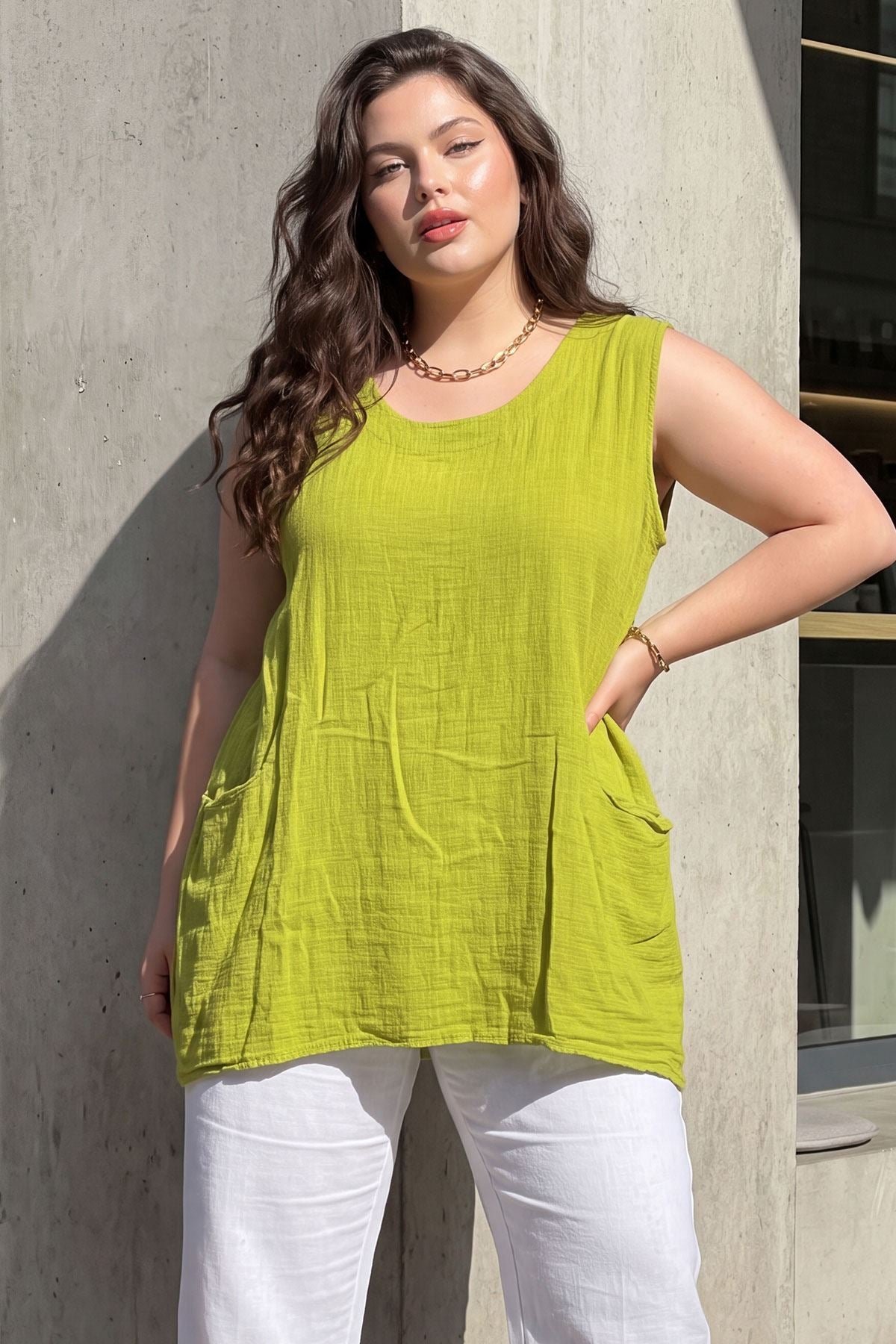 Plain Front Two Pockets Tunic Cotton Top view 3
