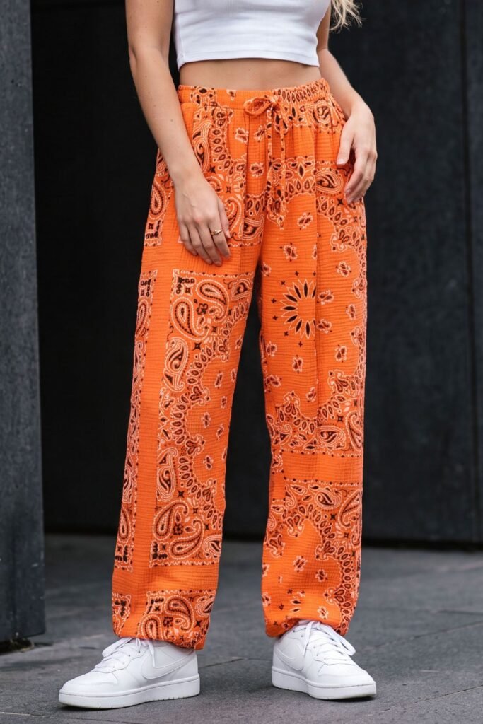 Paisley Print Drawstring Waistband Cotton Trousers