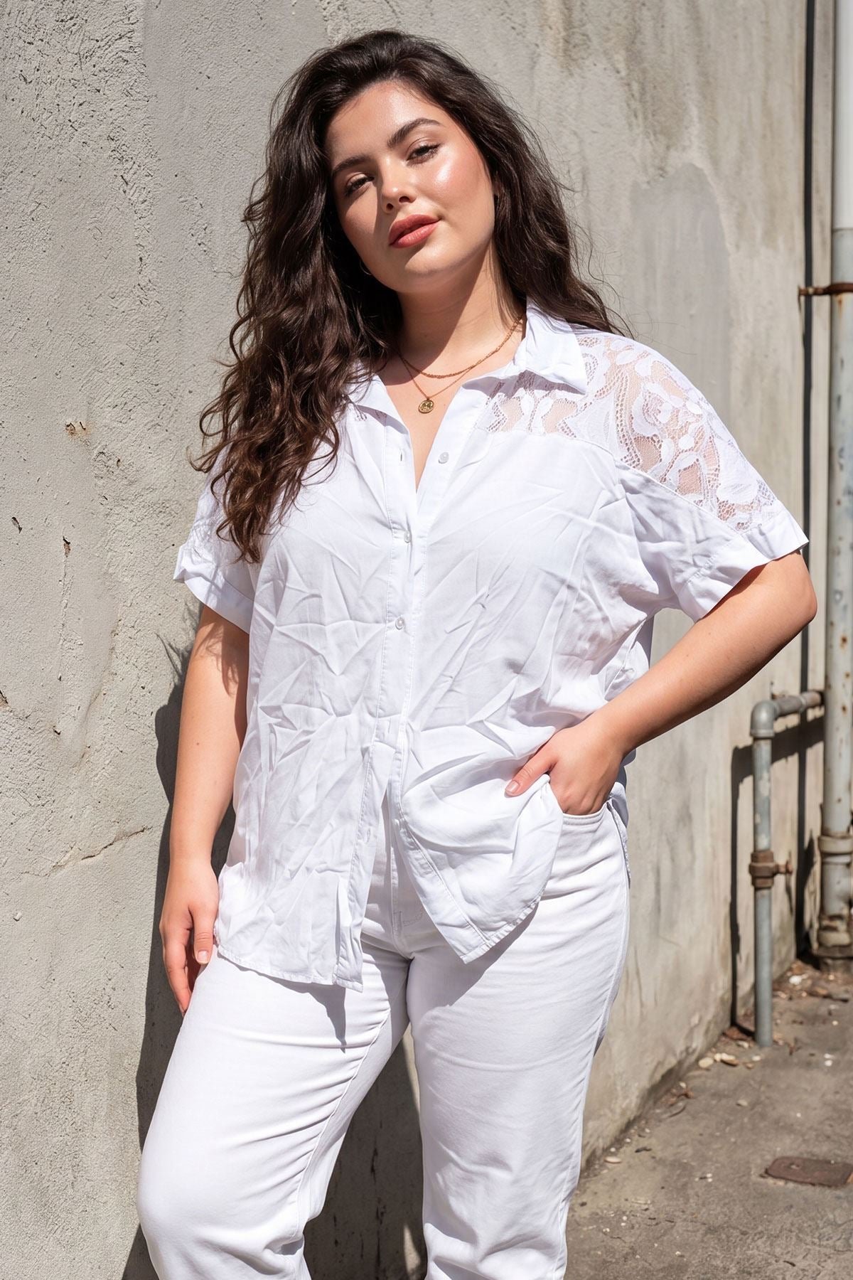 Plain Lace Panel Details Button Up Shirt view 2