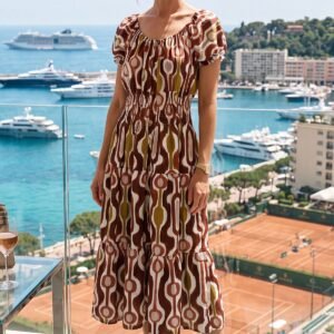 Geometric Print Shirred Waist Button Front Dress