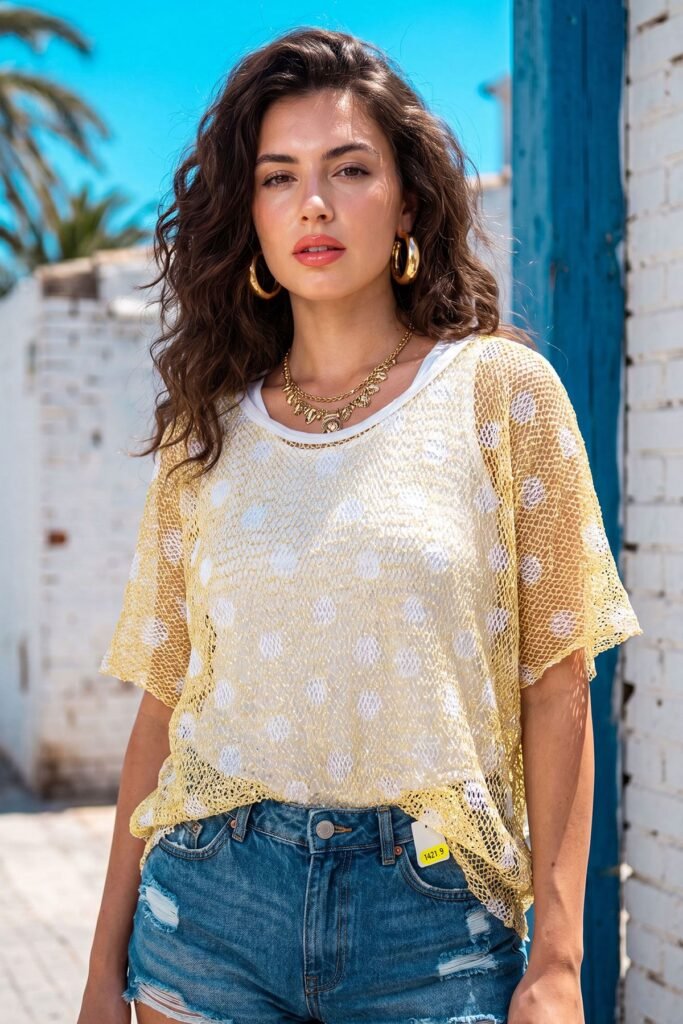Polka Dot Print Layered Mesh Top