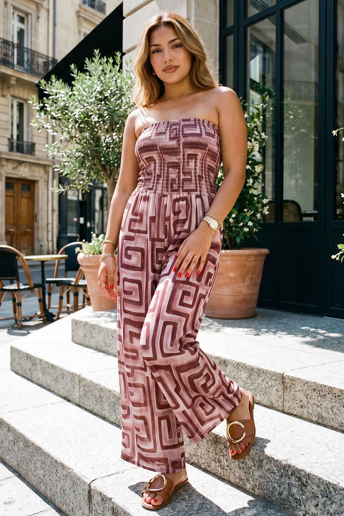 Greek Key Geometric Print Shirred Waist Wide Leg Jumpsuit view 3