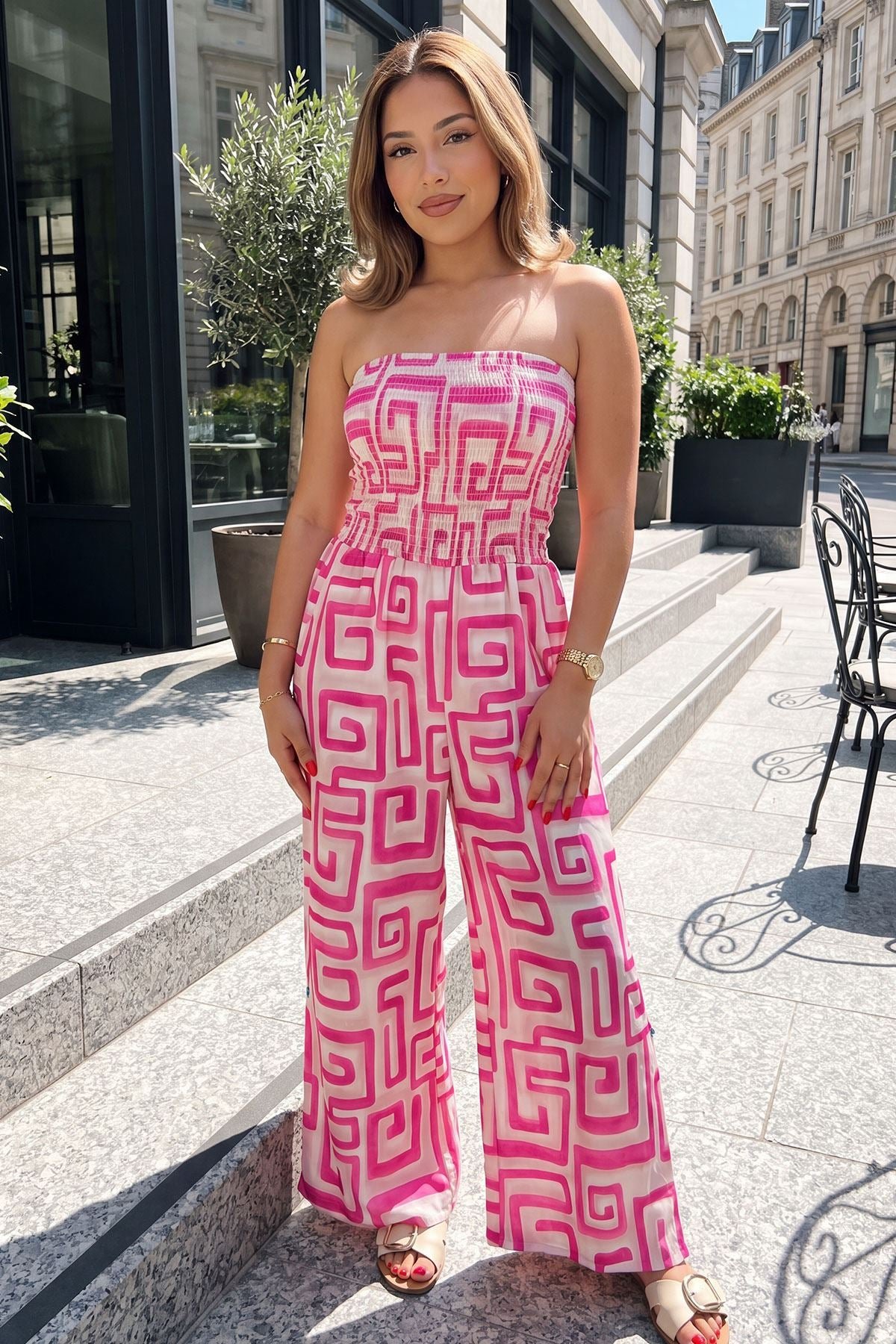 Greek Key Geometric Print Shirred Waist Wide Leg Jumpsuit view 4