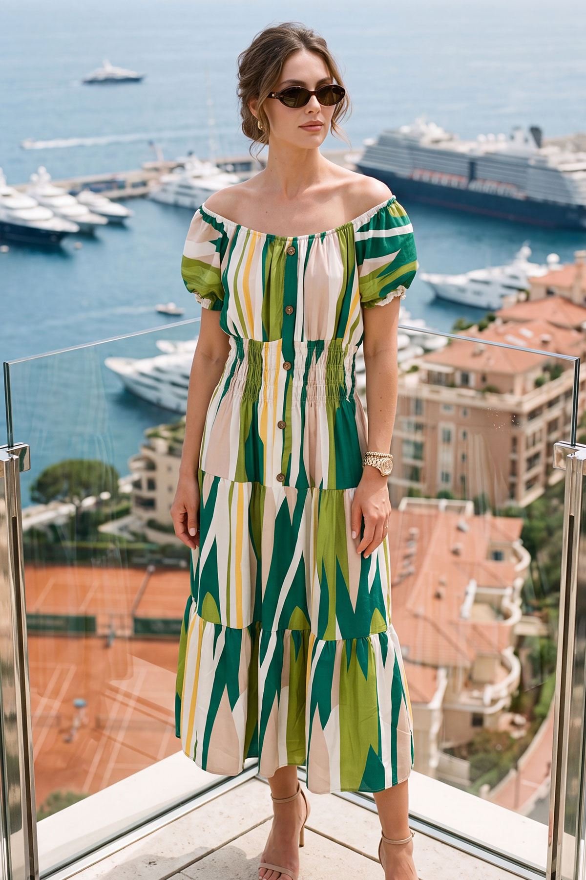 Abstract Print Shirred Waist Button Details Dress view 4