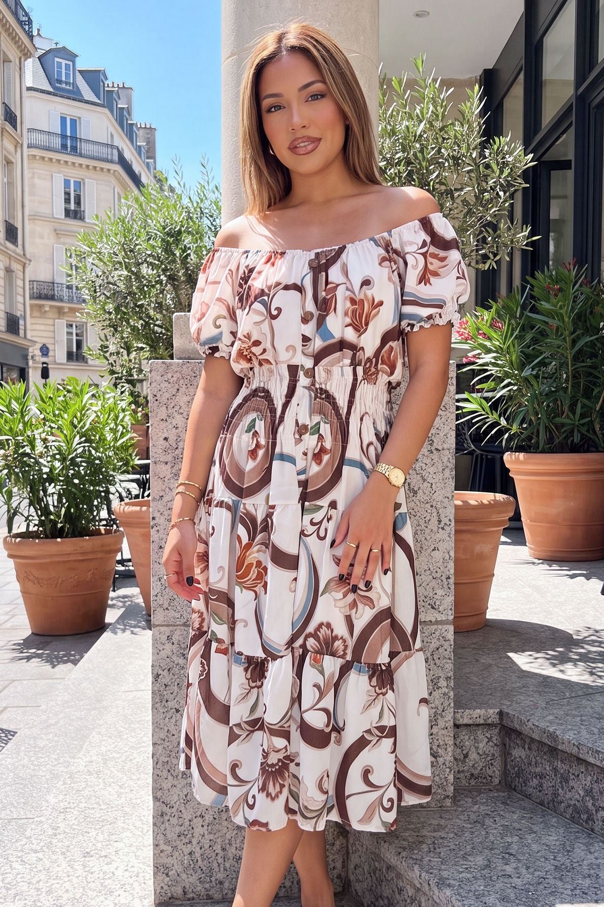 Floral Print Shirred Waist Dress