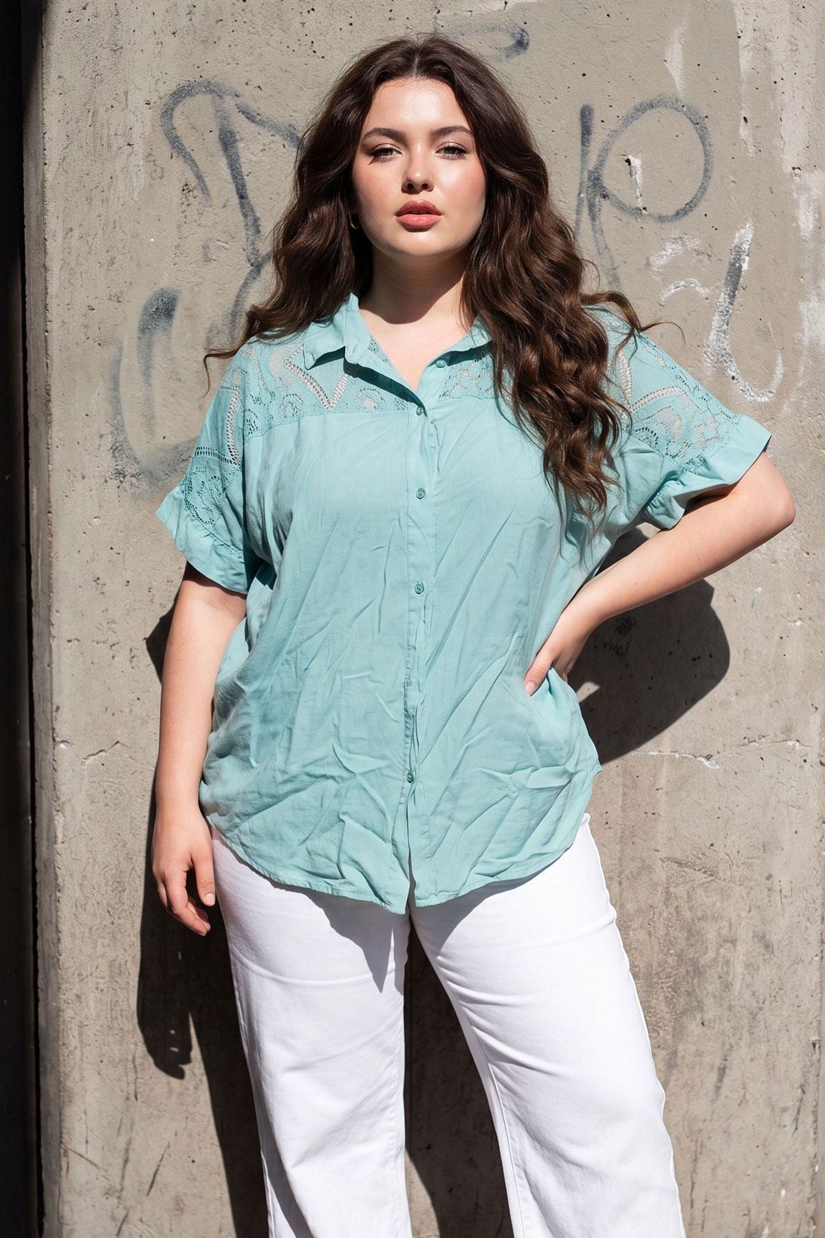 Plain Lace Panel Details Button Up Shirt view 4