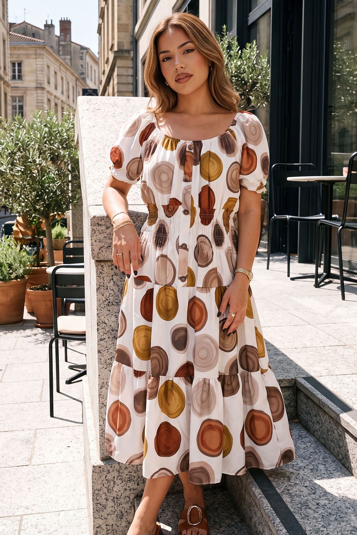 Abstract Circle Print Shirred Waist Button Front Dress view 2
