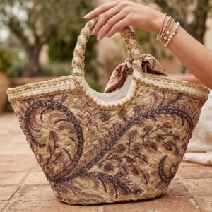 Paisley Embroidered Straw Beaded Shoulder Bag