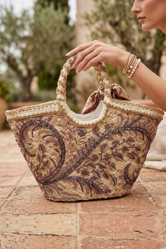 Paisley Embroidered Straw Beaded Shoulder Bag