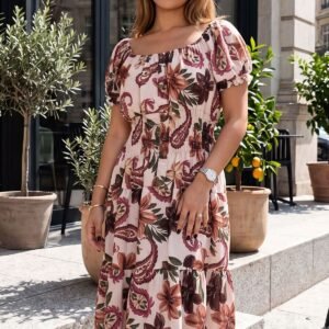Paisley Floral Print Shirred Waist Dress
