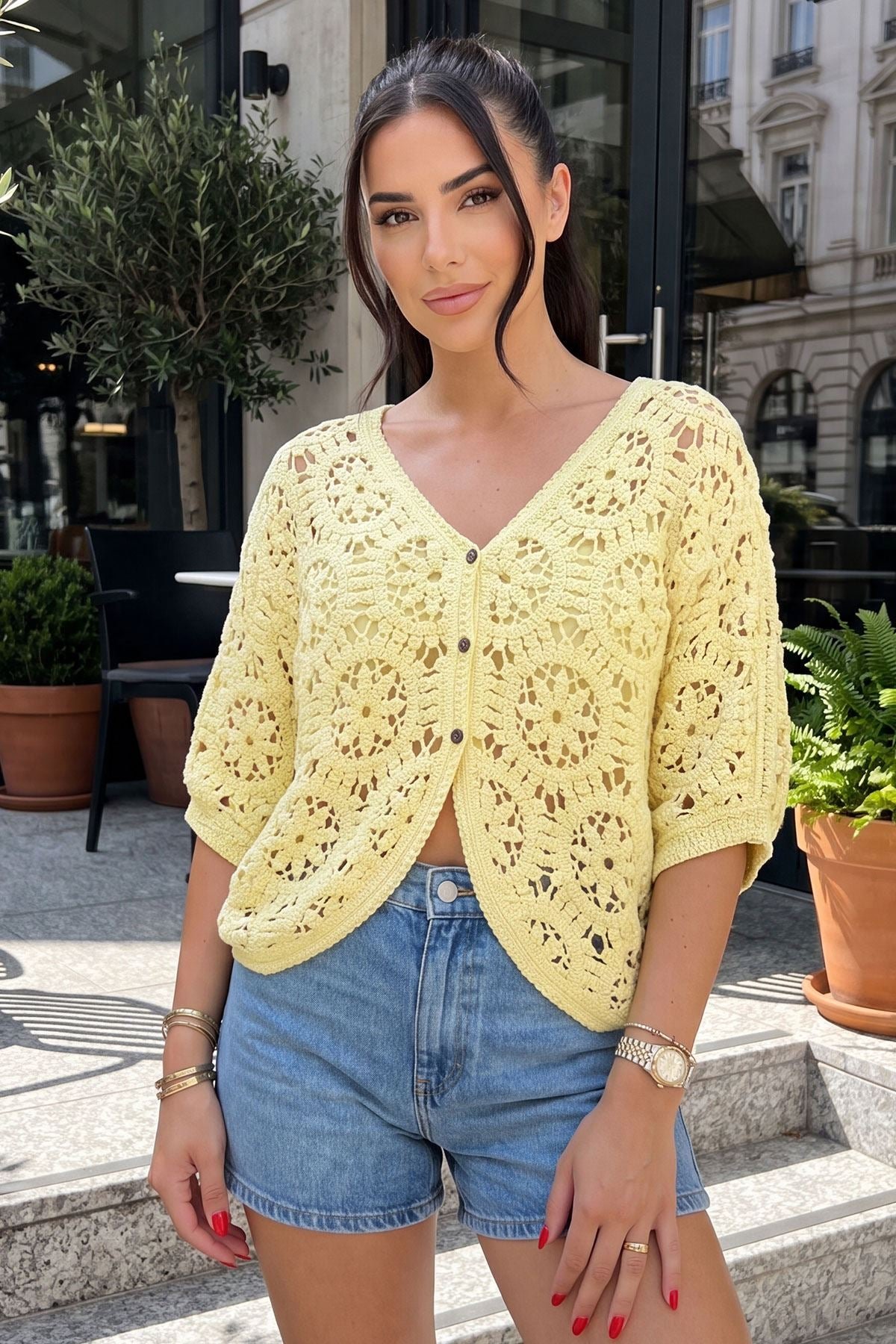 Crochet Floral Knit Front Button Up Cotton Cardigan view 3