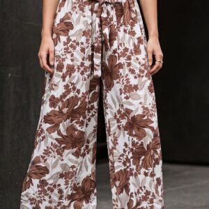Tropical Floral Print Belted Wide Leg Palazzo