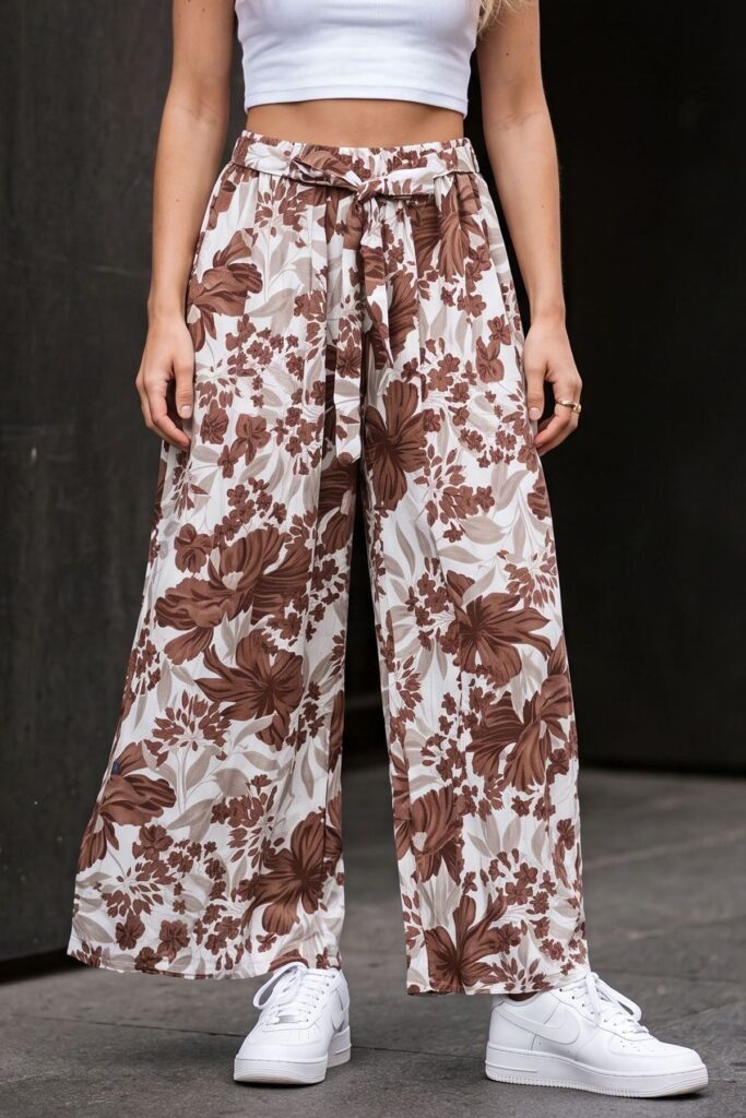 Tropical Floral Print Belted Wide Leg Palazzo
