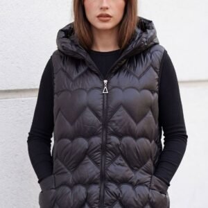 Heart Pattern Metallic Shine Pockets Hood Quilted Gilet Jacket