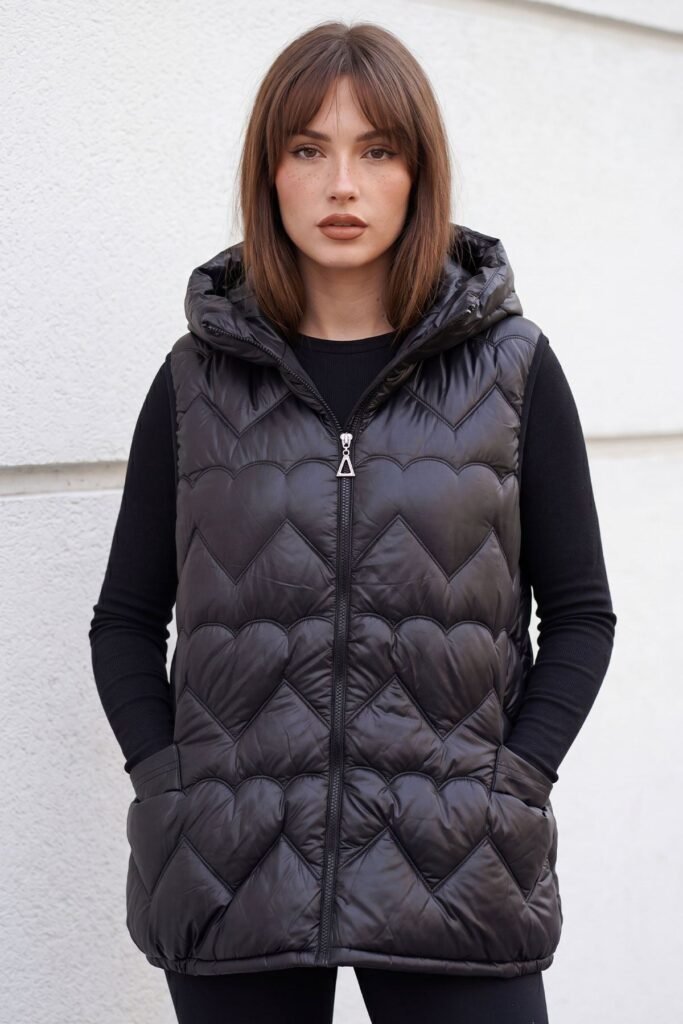 Heart Pattern Metallic Shine Pockets Hood Quilted Gilet Jacket