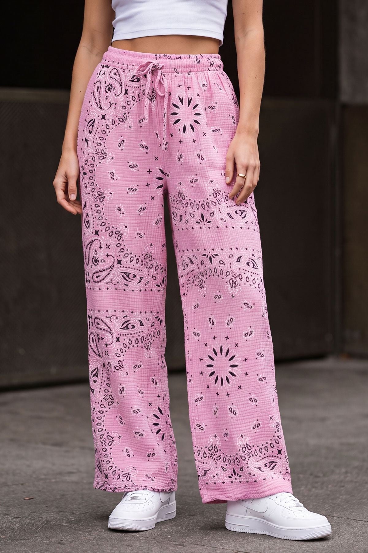Paisley Print Drawstring Waistband Cotton Trousers view 2
