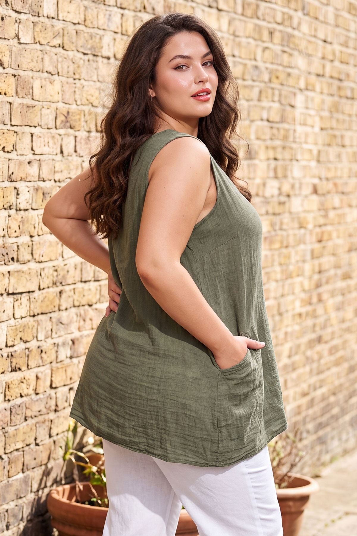 Plain Front Two Pockets Tunic Cotton Top view 2