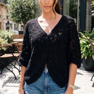 Crochet Floral Knit Front Button Up Cotton Cardigan