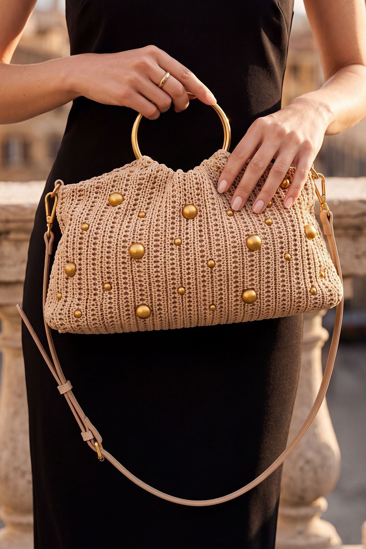 Crochet Pearl Embellished Ring Handel Shoulder Bag