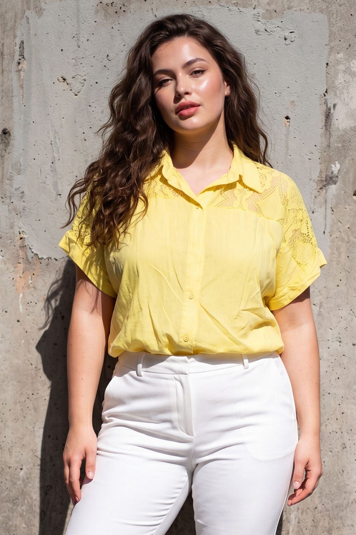 Plain Lace Panel Details Button Up Shirt view 3