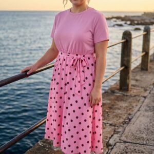Polka Dot Print Elastic Waist Tie Belt Dress