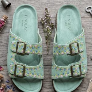 Floral Embroidered Double Buckle Comfort Slider