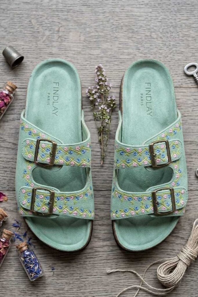 Floral Embroidered Double Buckle Comfort Slider