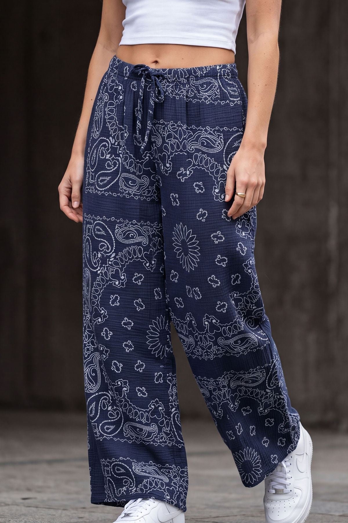 Paisley Print Drawstring Waistband Cotton Trousers view 4