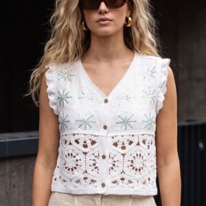 Sequin Embellishments Crochet Button Front Vest Cotton Cardigan