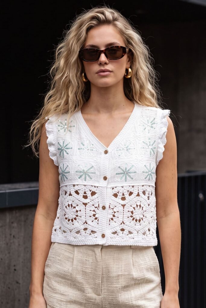 Sequin Embellishments Crochet Button Front Vest Cotton Cardigan