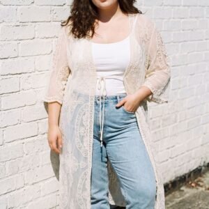 Floral Embroidered Mesh Tie Front Cotton Cardigan