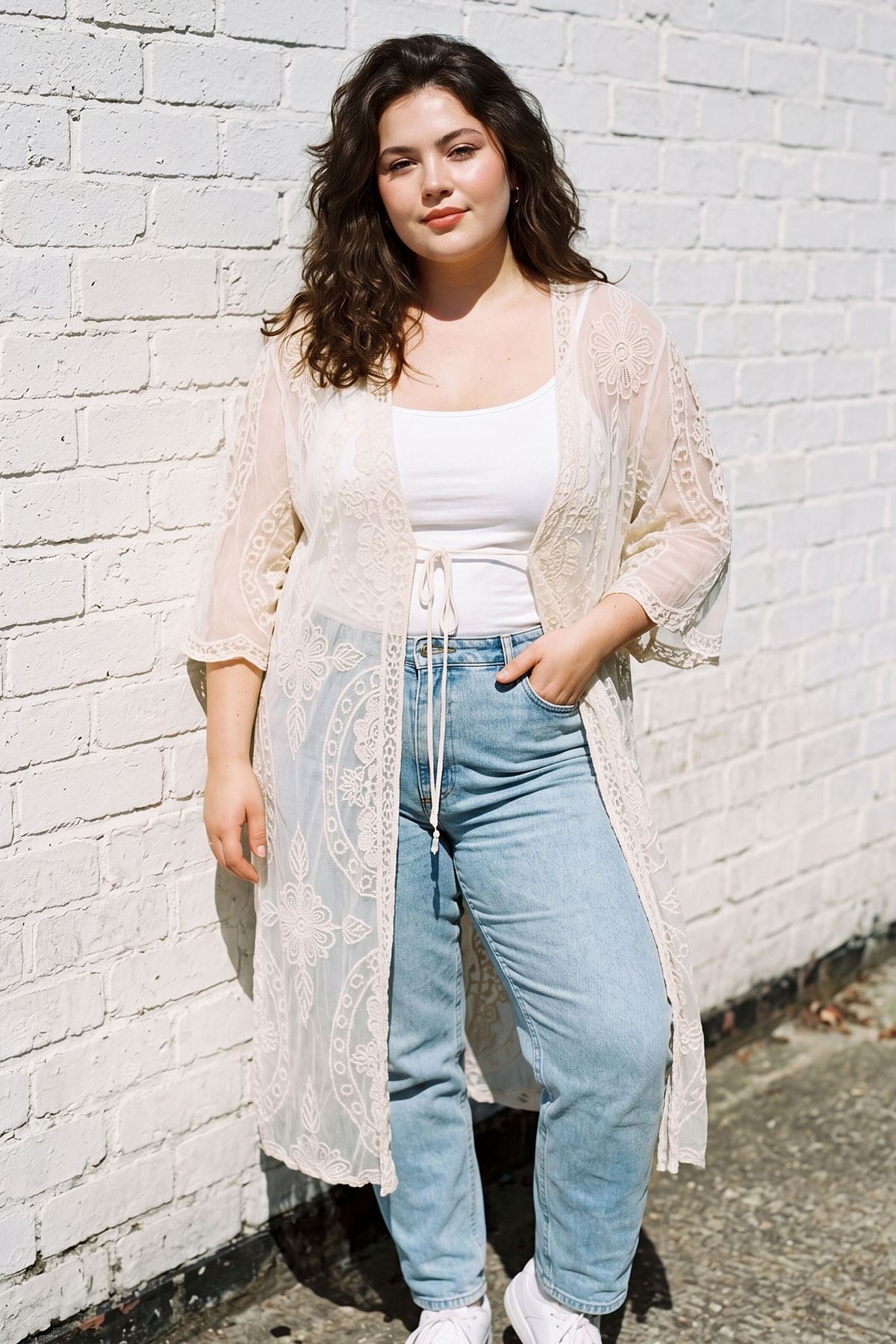 Floral Embroidered Mesh Tie Front Cotton Cardigan