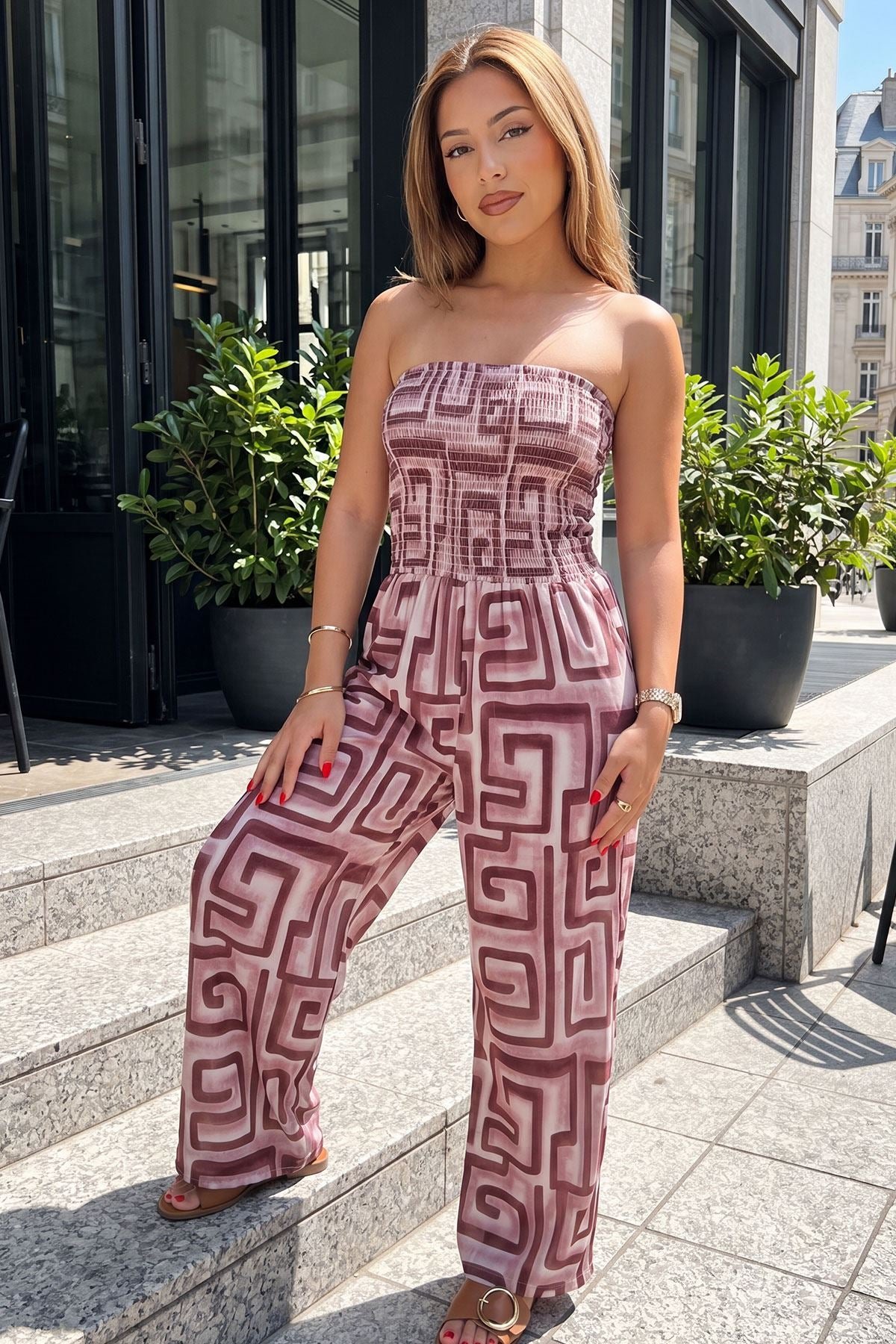 Greek Key Geometric Print Shirred Waist Wide Leg Jumpsuit view 2