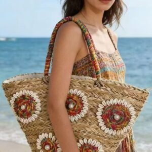 Floral Shell Straw Shoulder Bag
