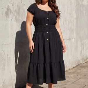 Plain Shirred Waist Tiered Dress