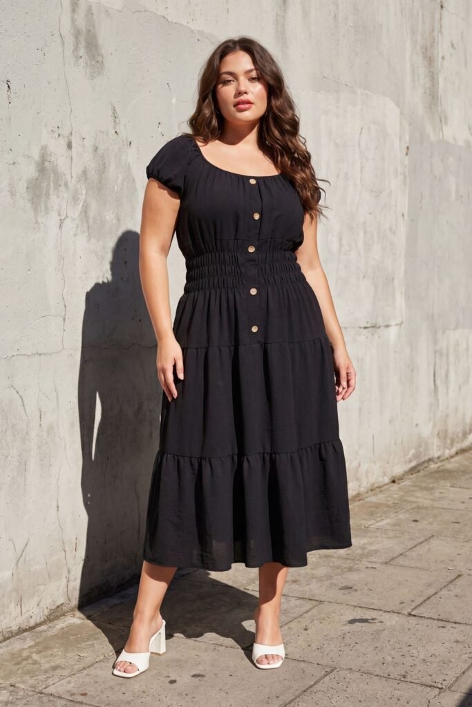 Plain Shirred Waist Tiered Dress