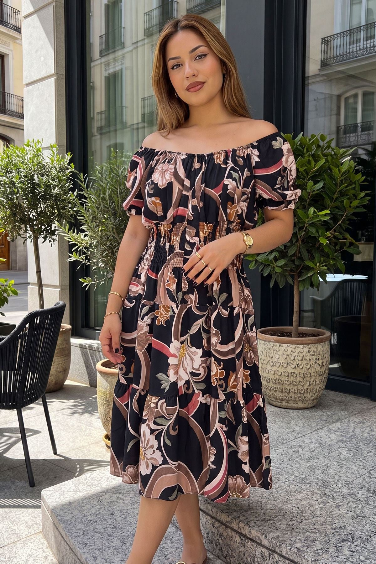 Floral Print Shirred Waist Dress view 3
