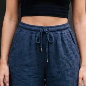 Plain Drawstring Waistband Pockets Cotton Shorts
