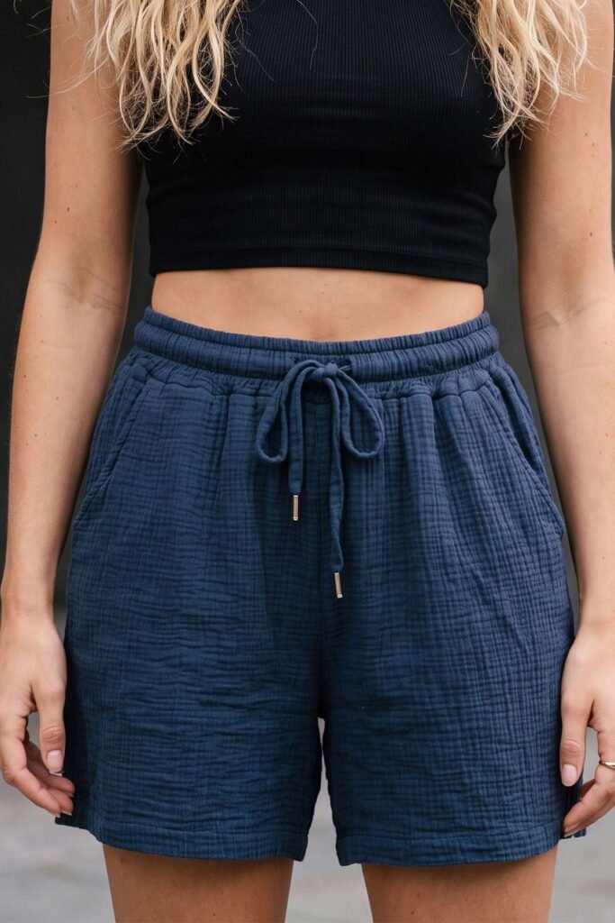 Plain Drawstring Waistband Pockets Cotton Shorts