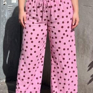 Polka Dot Print Drawstring Waistband Cotton Trousers