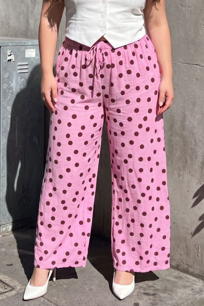Polka Dot Print Drawstring Waistband Cotton Trousers